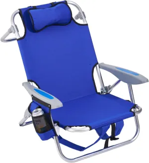 Portable Beach Chair for Adults, Outdoor Lightweight Camping Chair Lay Flat Folding Backpack Beach Reclining Chair with 4 Positions, Headrest, Cooler Pouch, Cup Holder
