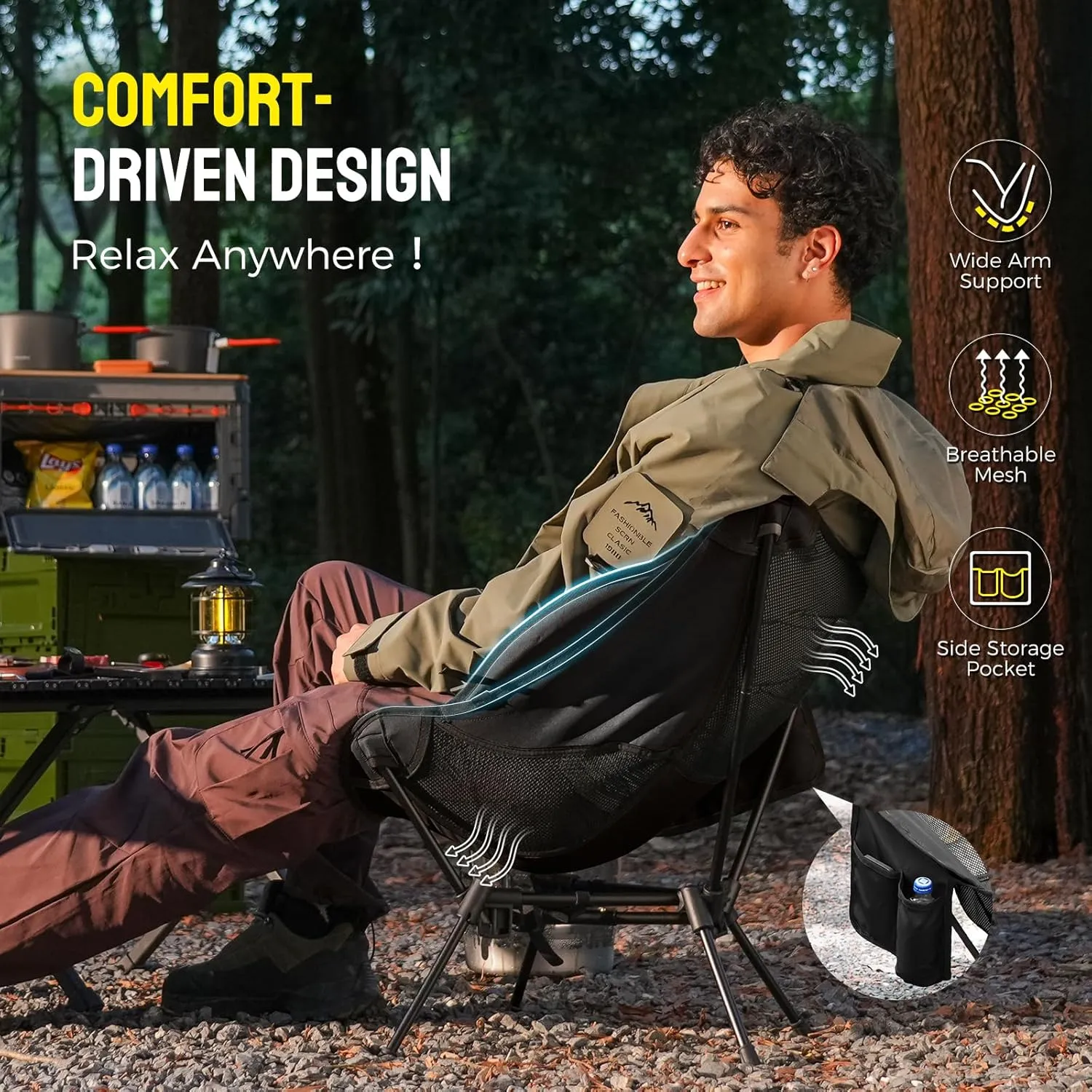 Portable Camping Chair – Compact Lightweight Folding Chair for Adults, Supports 330 lbs – Ideal for Backpacking Hiking, Fishing, Beach, Picnic & Lawn (2 Pack, Black)
