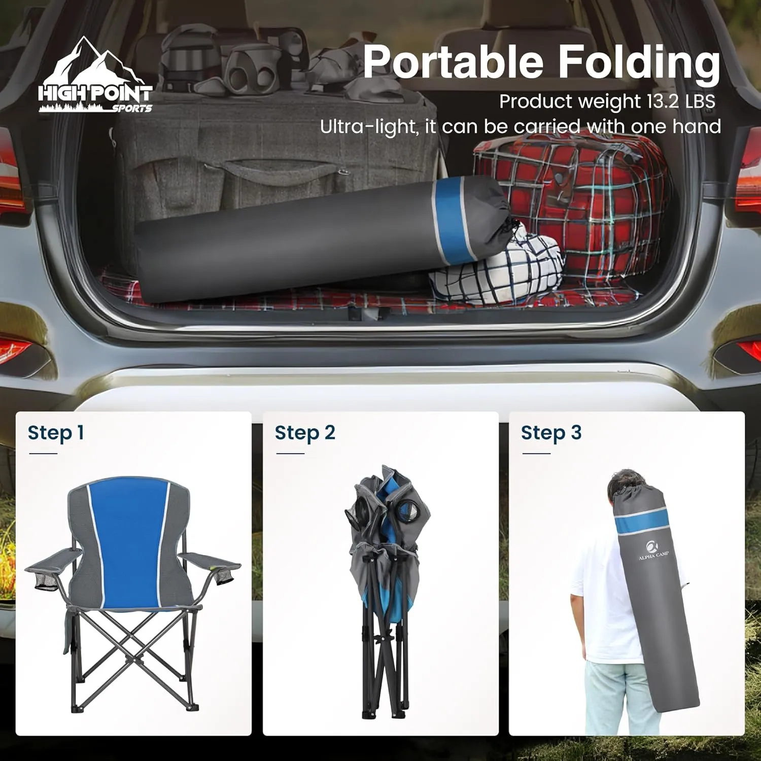Portable Camping Chair, Heavy Duty Outdoor Folding Chair with Armrest, Foldable Camp Chair with Cup Holder for Camping, Support 350 LBS, Blue-Gray, 2 Pack