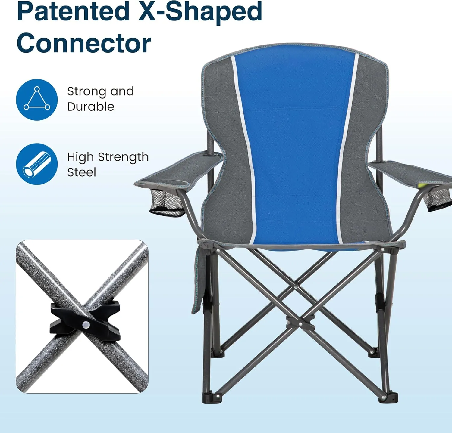 Portable Camping Chair, Heavy Duty Outdoor Folding Chair with Armrest, Foldable Camp Chair with Cup Holder for Camping, Support 350 LBS, Blue-Gray, 2 Pack