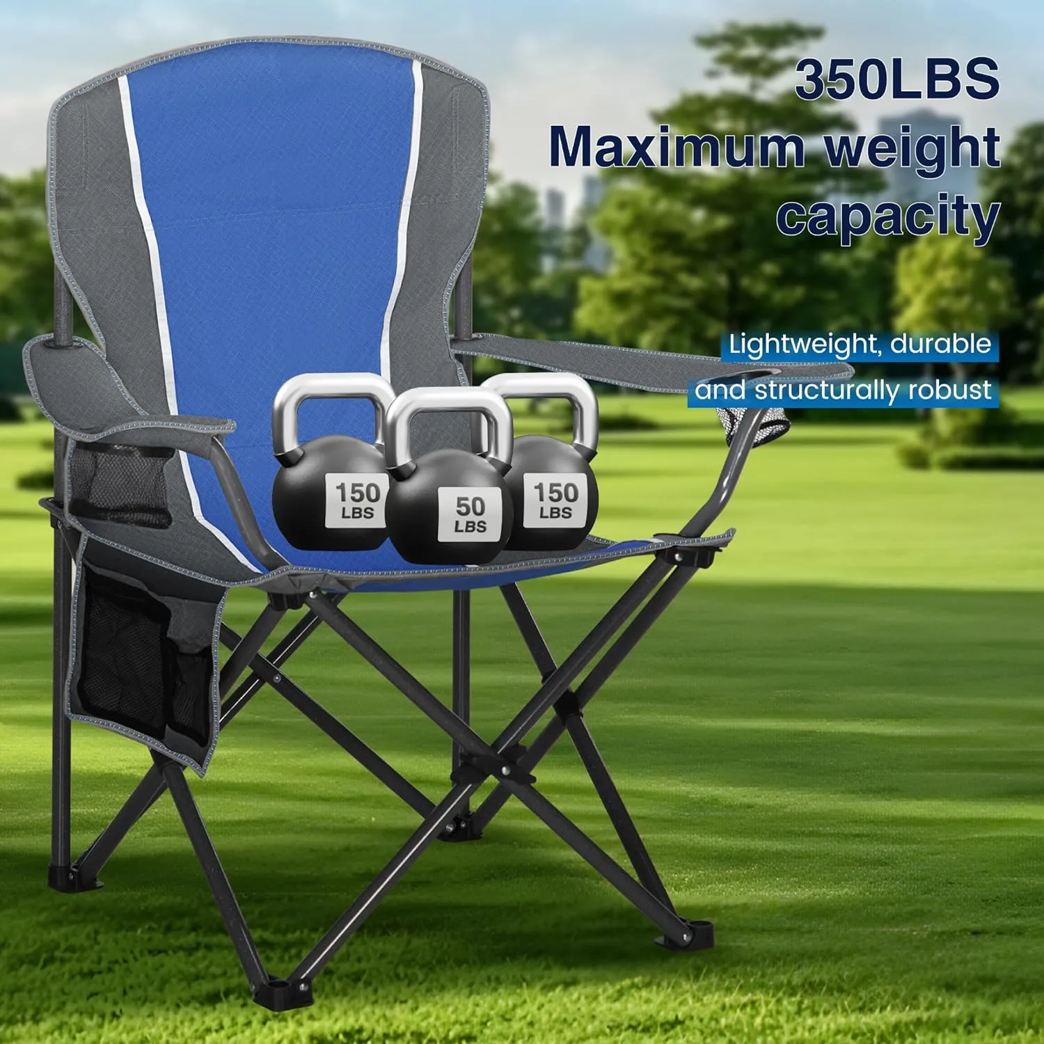 Portable Camping Chair, Heavy Duty Outdoor Folding Chair with Armrest, Foldable Camp Chair with Cup Holder for Camping, Support 350 LBS, Blue-Gray, 2 Pack
