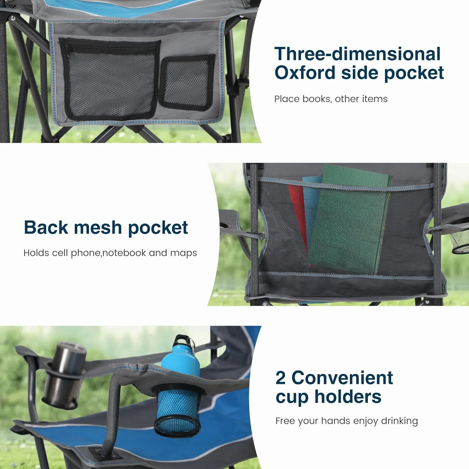 Portable Camping Chair, Heavy Duty Outdoor Folding Chair with Armrest, Foldable Camp Chair with Cup Holder for Camping, Support 350 LBS, Blue-Gray, 2 Pack