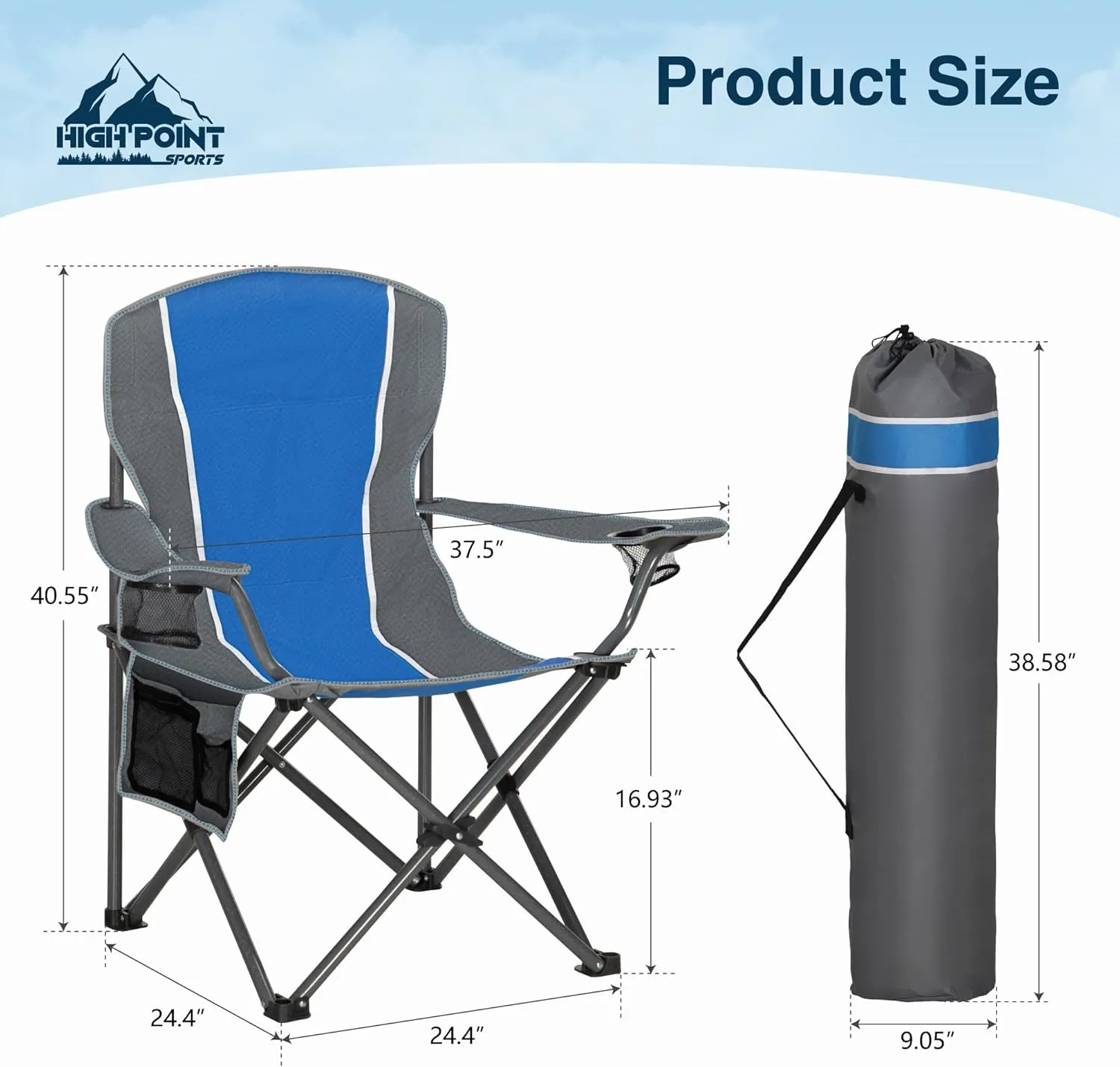 Portable Camping Chair, Heavy Duty Outdoor Folding Chair with Armrest, Foldable Camp Chair with Cup Holder for Camping, Support 350 LBS, Blue-Gray, 2 Pack