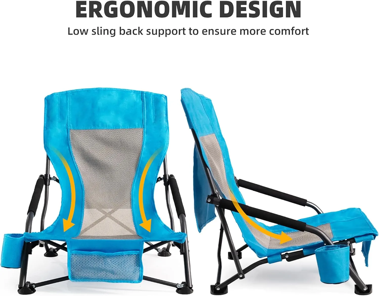 Portable Folding Beach Chair for Adults - Lightweight Low Back Sling Chair with Cup Holder & Storage Pocket, 300lbs Capacity Camping Chair for Outdoor, Lawn, Concert, Travel (Blue)