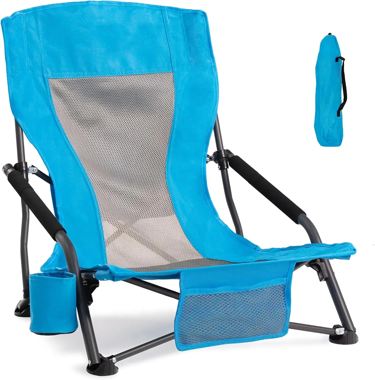 Portable Folding Beach Chair for Adults - Lightweight Low Back Sling Chair with Cup Holder & Storage Pocket, 300lbs Capacity Camping Chair for Outdoor, Lawn, Concert, Travel (Blue)