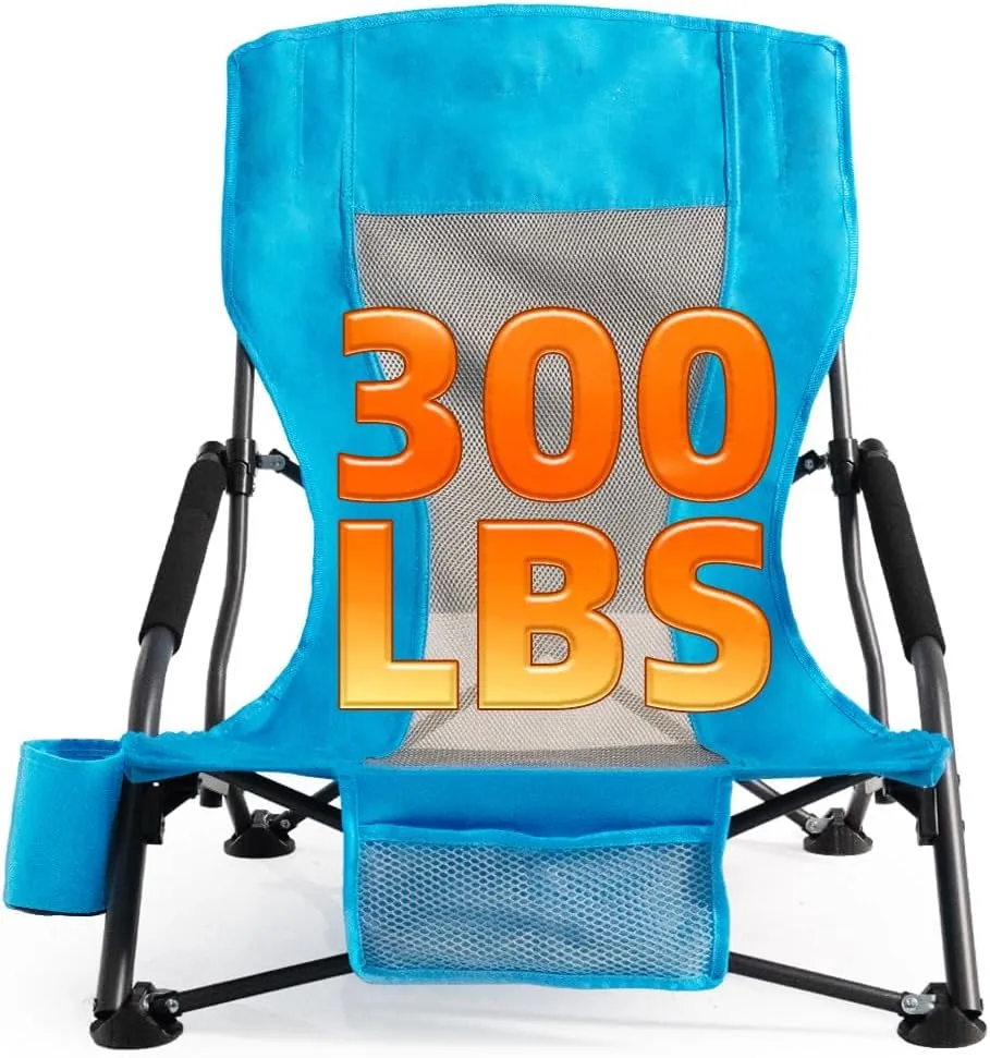 Portable Folding Beach Chair for Adults - Lightweight Low Back Sling Chair with Cup Holder & Storage Pocket, 300lbs Capacity Camping Chair for Outdoor, Lawn, Concert, Travel (Blue)