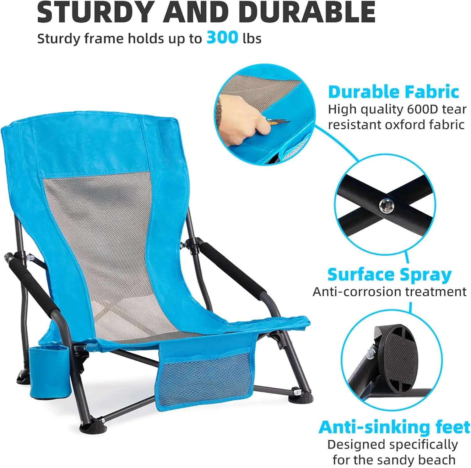 Portable Folding Beach Chair for Adults - Lightweight Low Back Sling Chair with Cup Holder & Storage Pocket, 300lbs Capacity Camping Chair for Outdoor, Lawn, Concert, Travel (Blue)