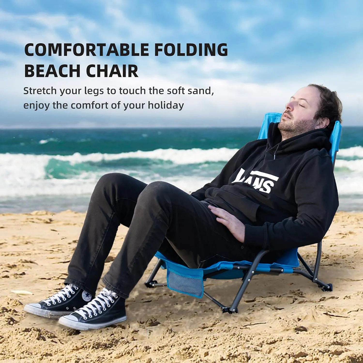 Portable Folding Beach Chair for Adults - Lightweight Low Back Sling Chair with Cup Holder & Storage Pocket, 300lbs Capacity Camping Chair for Outdoor, Lawn, Concert, Travel (Blue)