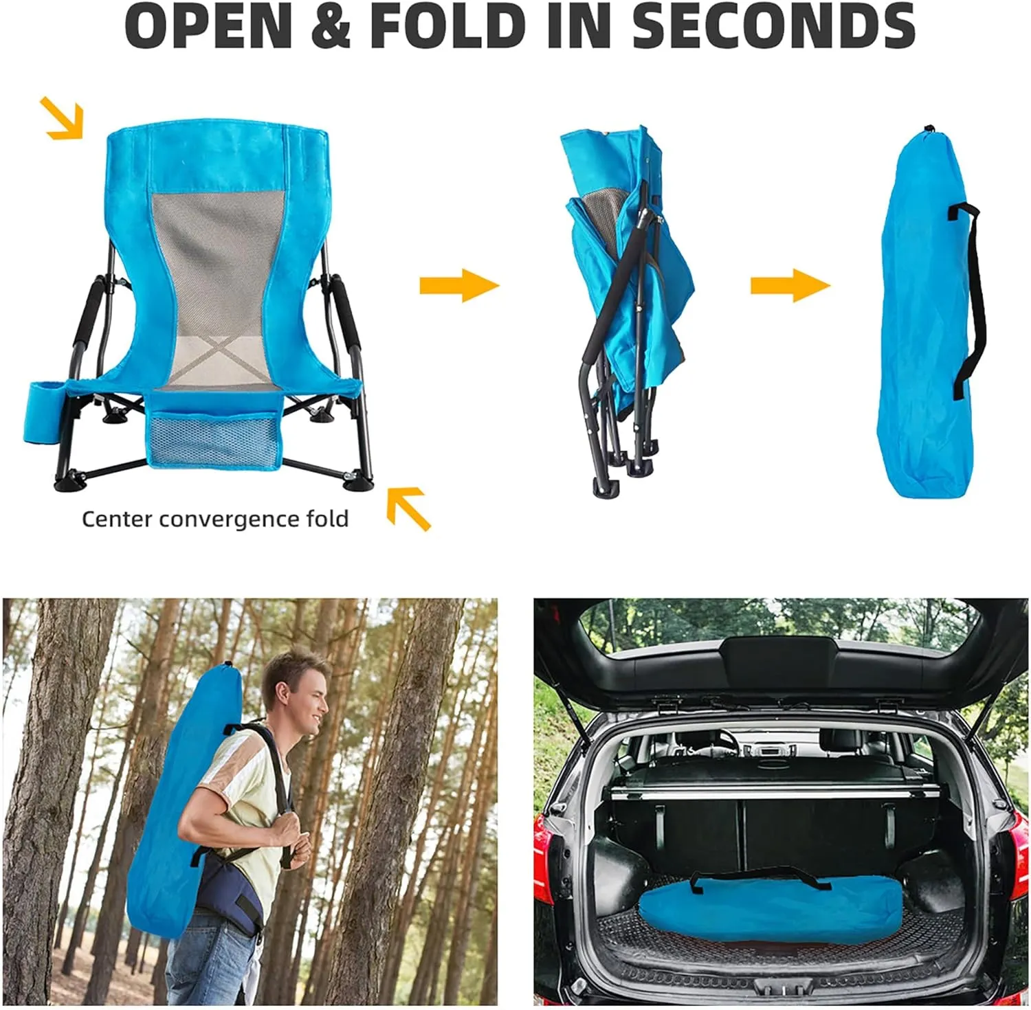 Portable Folding Beach Chair for Adults - Lightweight Low Back Sling Chair with Cup Holder & Storage Pocket, 300lbs Capacity Camping Chair for Outdoor, Lawn, Concert, Travel (Blue)
