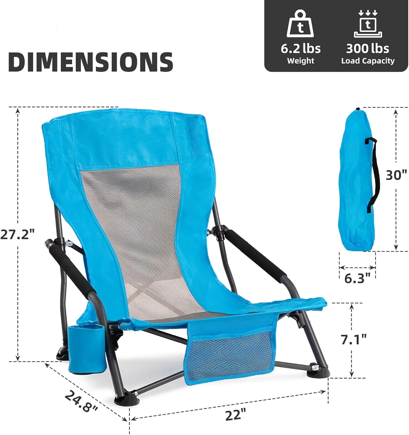 Portable Folding Beach Chair for Adults - Lightweight Low Back Sling Chair with Cup Holder & Storage Pocket, 300lbs Capacity Camping Chair for Outdoor, Lawn, Concert, Travel (Blue)