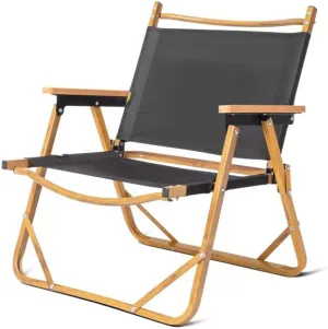 Portable Folding Camping Chair, Aluminum Frame with Wood Grain Accents, 220 lbs Capacity, Black