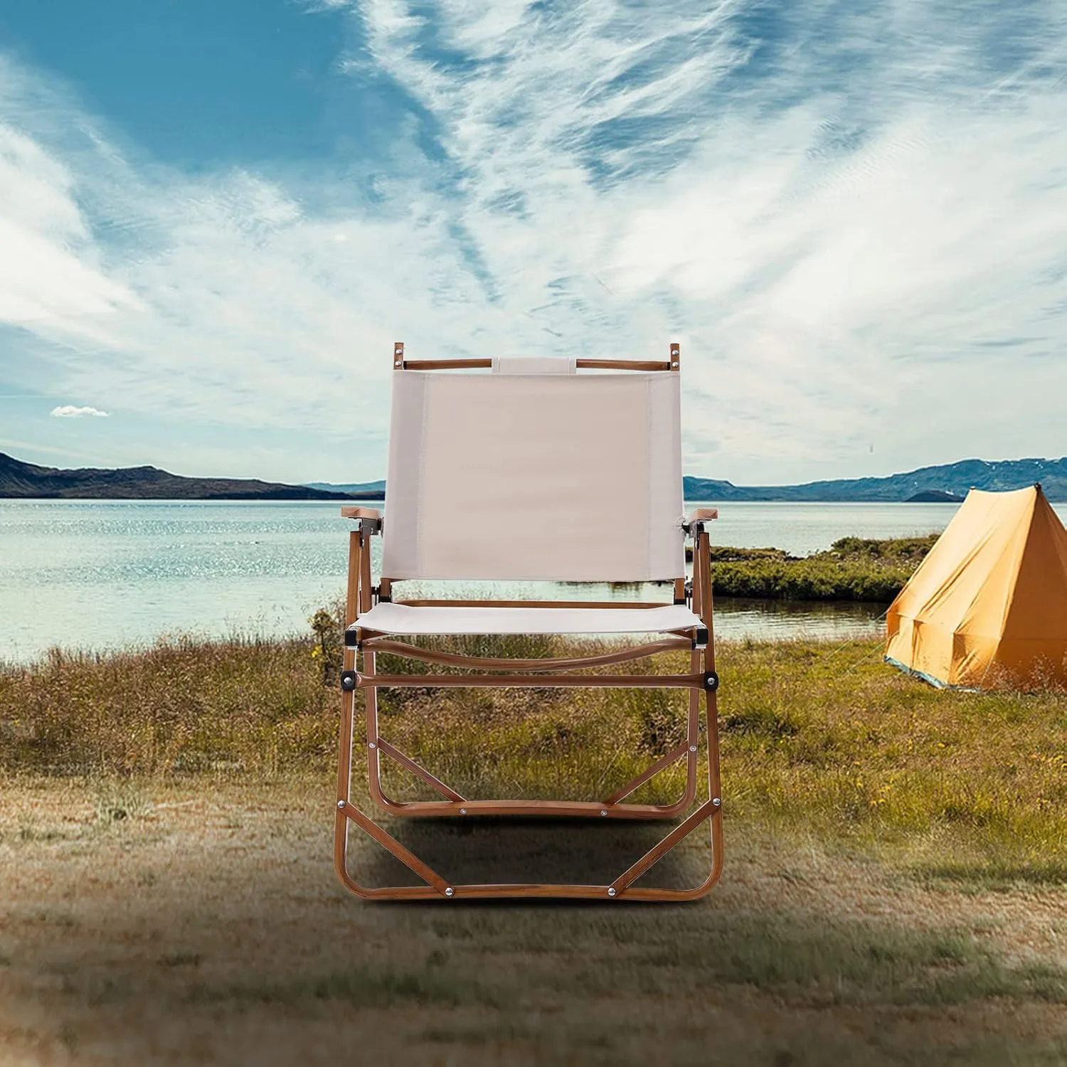 Portable Folding Camping Chair, Low Profile Beach Sea Lawn Lightweight Backpacking Chair with Side Pockets & Cool Mesh Backrest Compact Folding Chair for Camping Glamping (Beige)