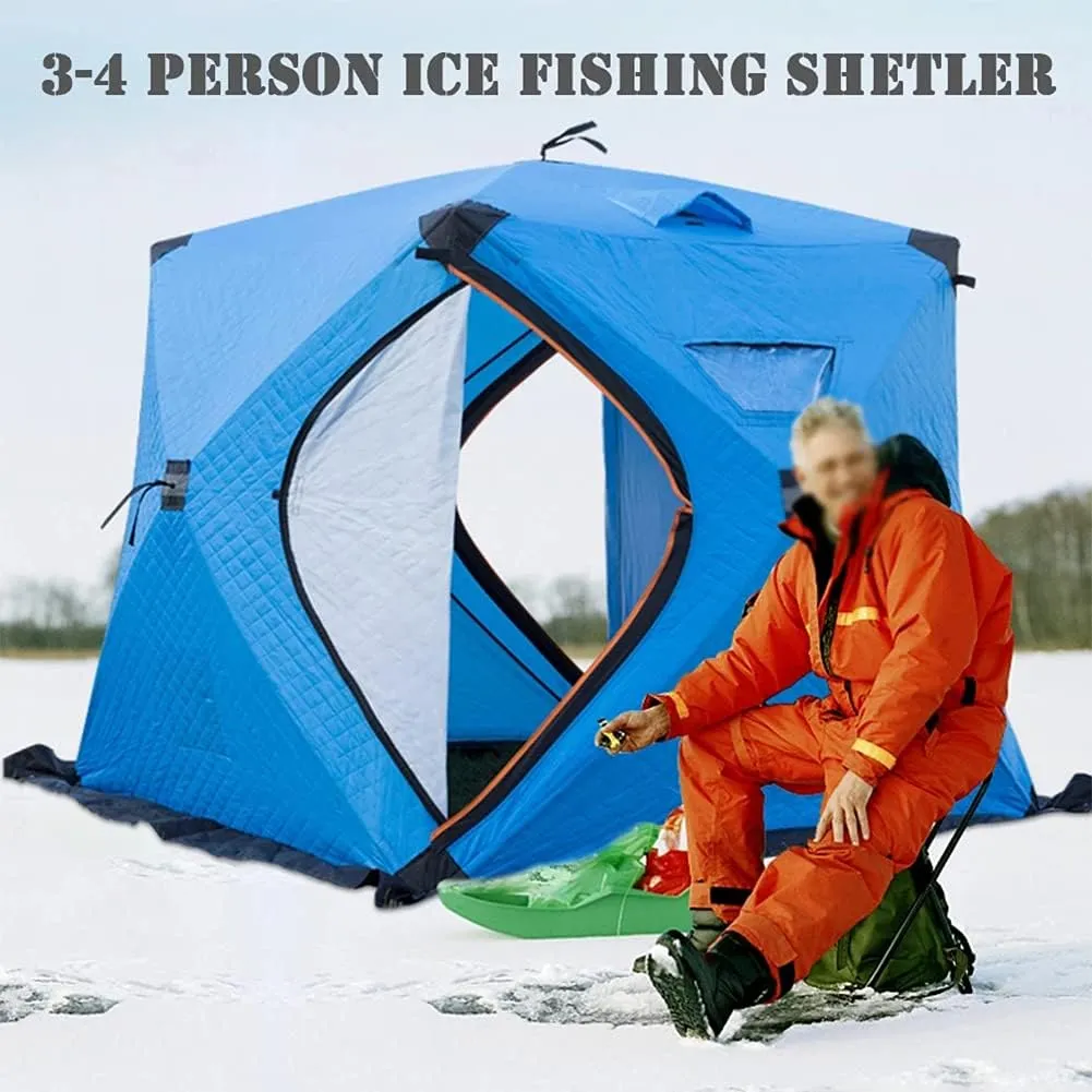 Portable Ice Fishing Shelter 3-4 People Quick-Open Winter Camping Tent Waterproofs Windproof Outdoor Cotton Warm Ice Fishing Tent