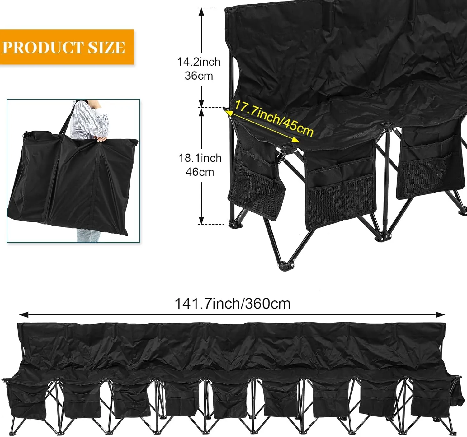 Portable Soccer Bench Chairs Foldable Team Sports Bench with Pockets and Carrying Bag for Sports Team Camping Soccer Basketball Football Practice Games