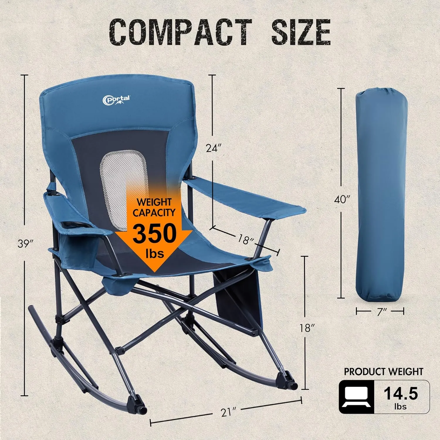 PORTAL Folding Camping Rocking Chair Portable Outdoor Rocker High Back Cup Holder Side Pocket Carry Bag Included, Support 300 lbs