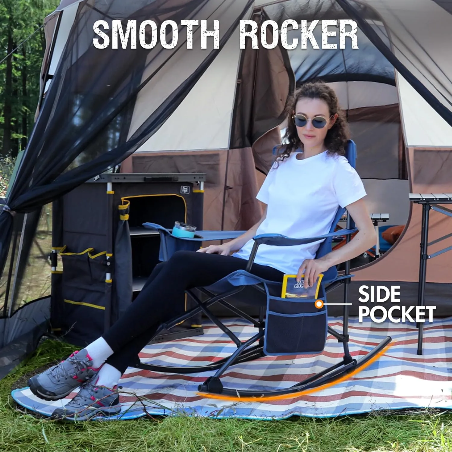 PORTAL Folding Camping Rocking Chair Portable Outdoor Rocker High Back Cup Holder Side Pocket Carry Bag Included, Support 300 lbs