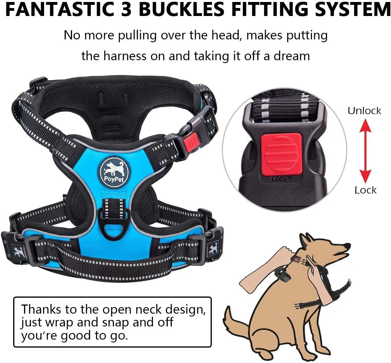 PoyPet Dog Harness and Leash Combo, Escape Proof No Pull Vest Harness, with 5 Feet Leash, Reflective Adjustable Soft Padded Pet Harness with Handle for Small to Large Dogs(Blue,L)