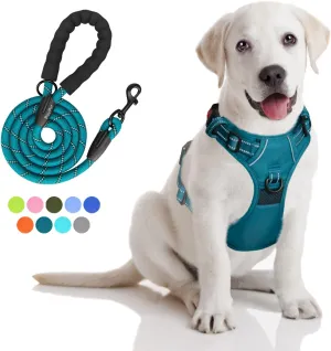 PoyPet No Pull Dog Harness and 5 Feet Leash Set, Release on Neck Reflective Adjustable Pet Vest, Front & Back 2 D-Ring and Soft Padded Pet Harness with Handle for Small to Large Dogs(Tumalo Teal,S)