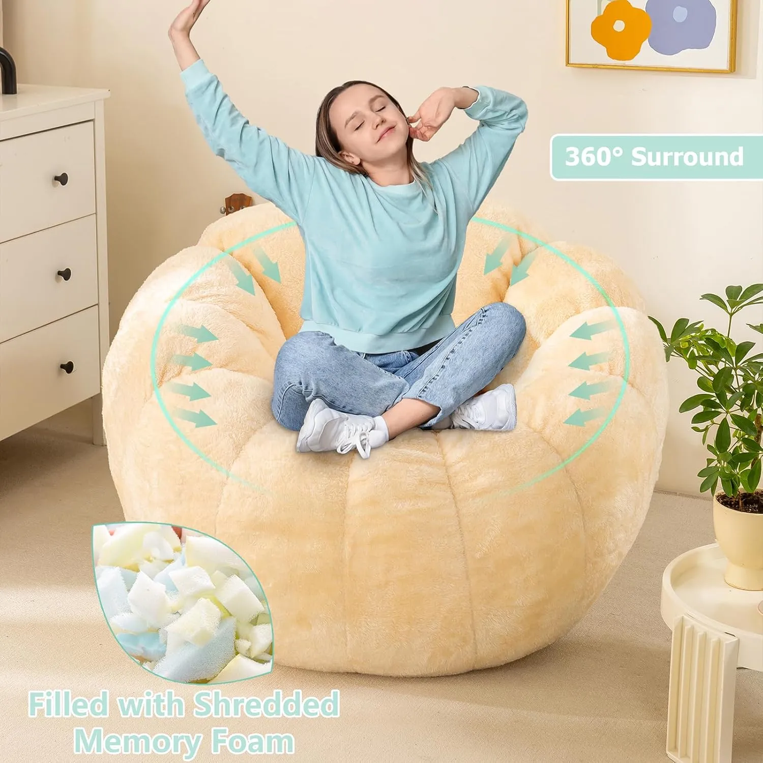Pumpkin Bean Bag Sofa Chair for Adult, Beanbag Couch with Filler for Reading and Relaxation, Comfy and Lazy Sofa for Dorm, Apartment, Living Room and Bedroom, Ivory