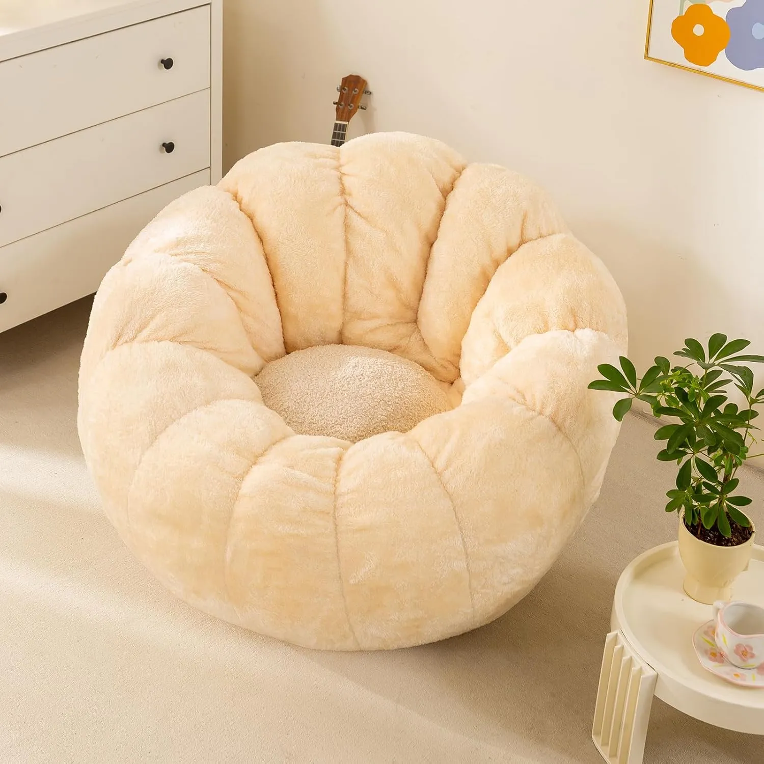 Pumpkin Bean Bag Sofa Chair for Adult, Beanbag Couch with Filler for Reading and Relaxation, Comfy and Lazy Sofa for Dorm, Apartment, Living Room and Bedroom, Ivory