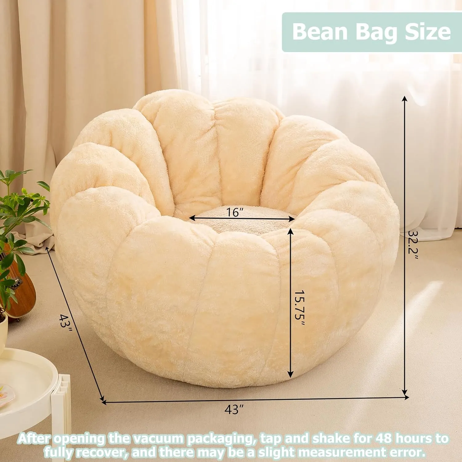 Pumpkin Bean Bag Sofa Chair for Adult, Beanbag Couch with Filler for Reading and Relaxation, Comfy and Lazy Sofa for Dorm, Apartment, Living Room and Bedroom, Ivory