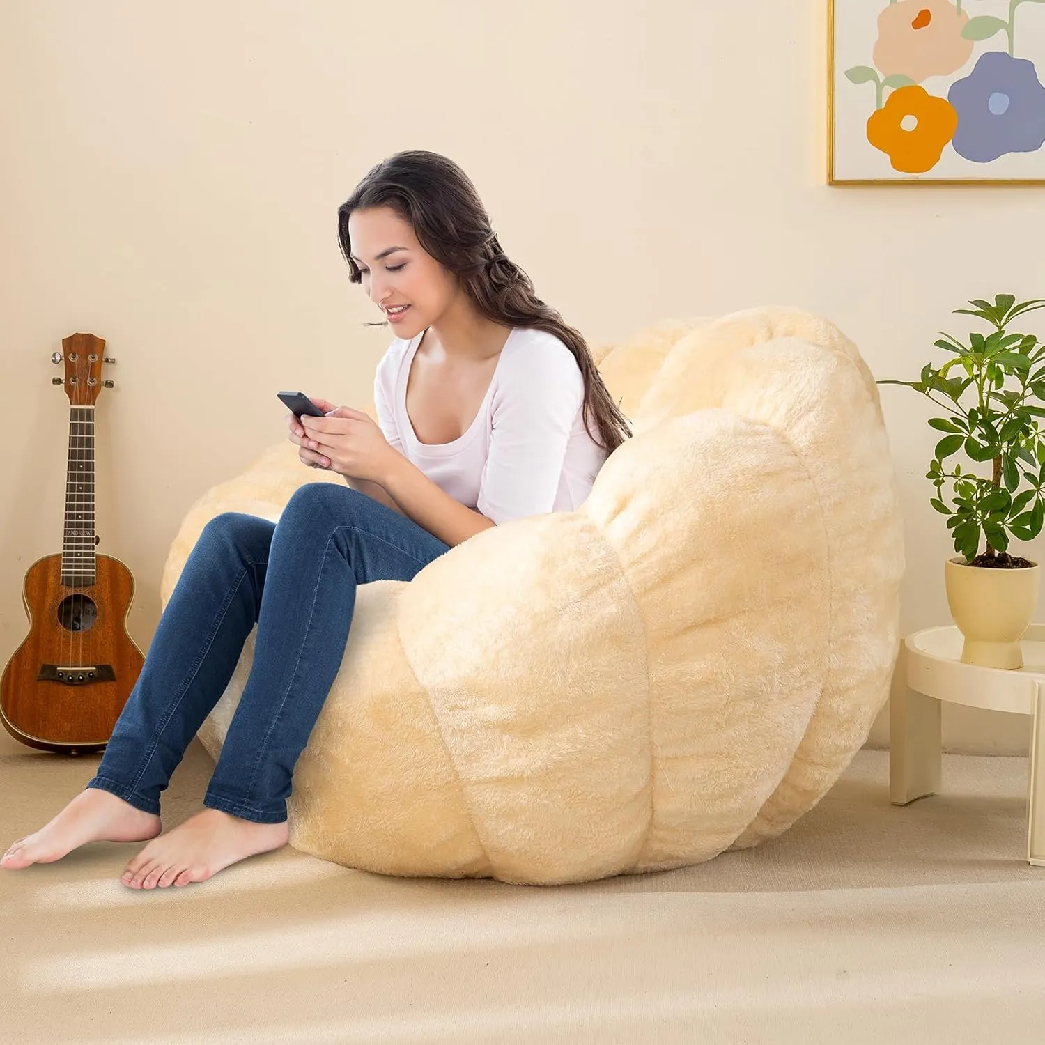 Pumpkin Bean Bag Sofa Chair for Adult, Beanbag Couch with Filler for Reading and Relaxation, Comfy and Lazy Sofa for Dorm, Apartment, Living Room and Bedroom, Ivory