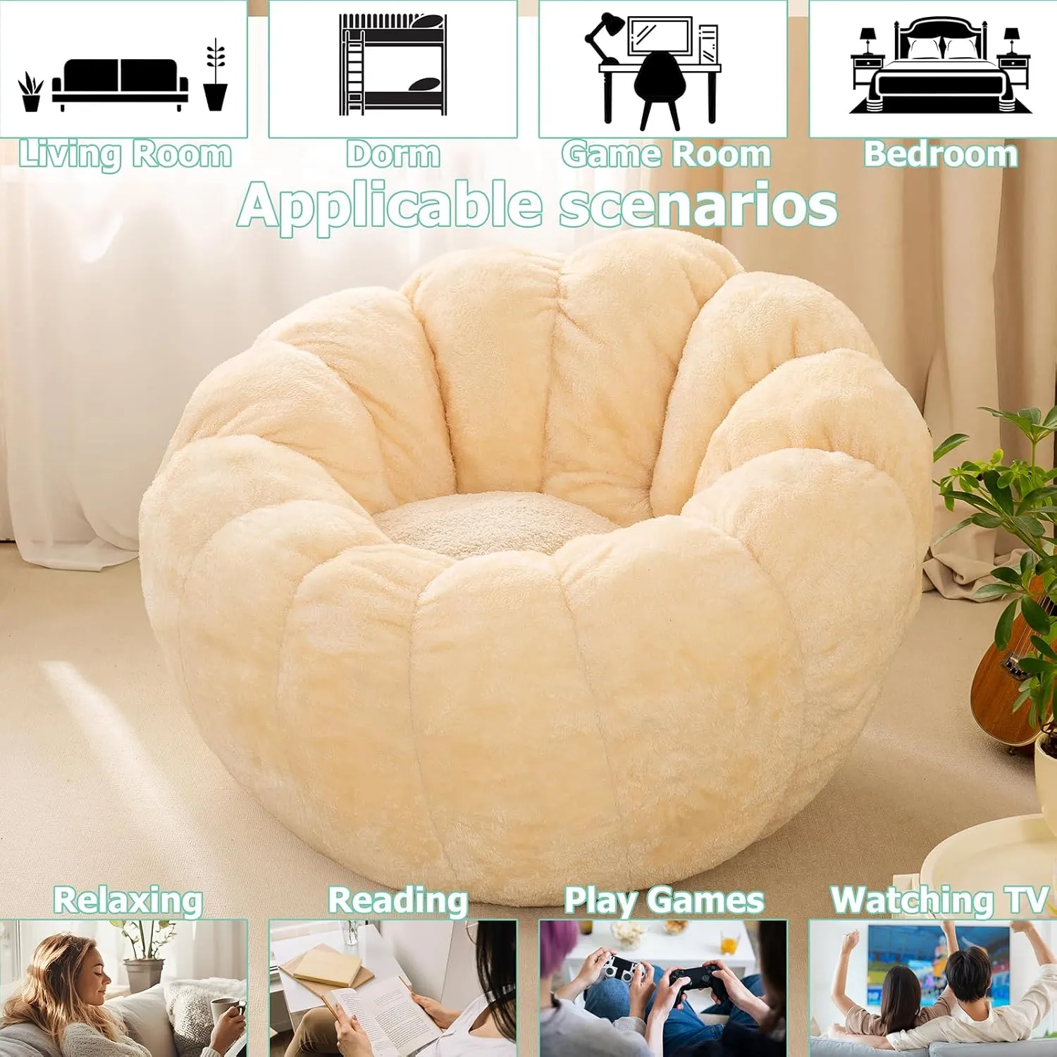 Pumpkin Bean Bag Sofa Chair for Adult, Beanbag Couch with Filler for Reading and Relaxation, Comfy and Lazy Sofa for Dorm, Apartment, Living Room and Bedroom, Ivory