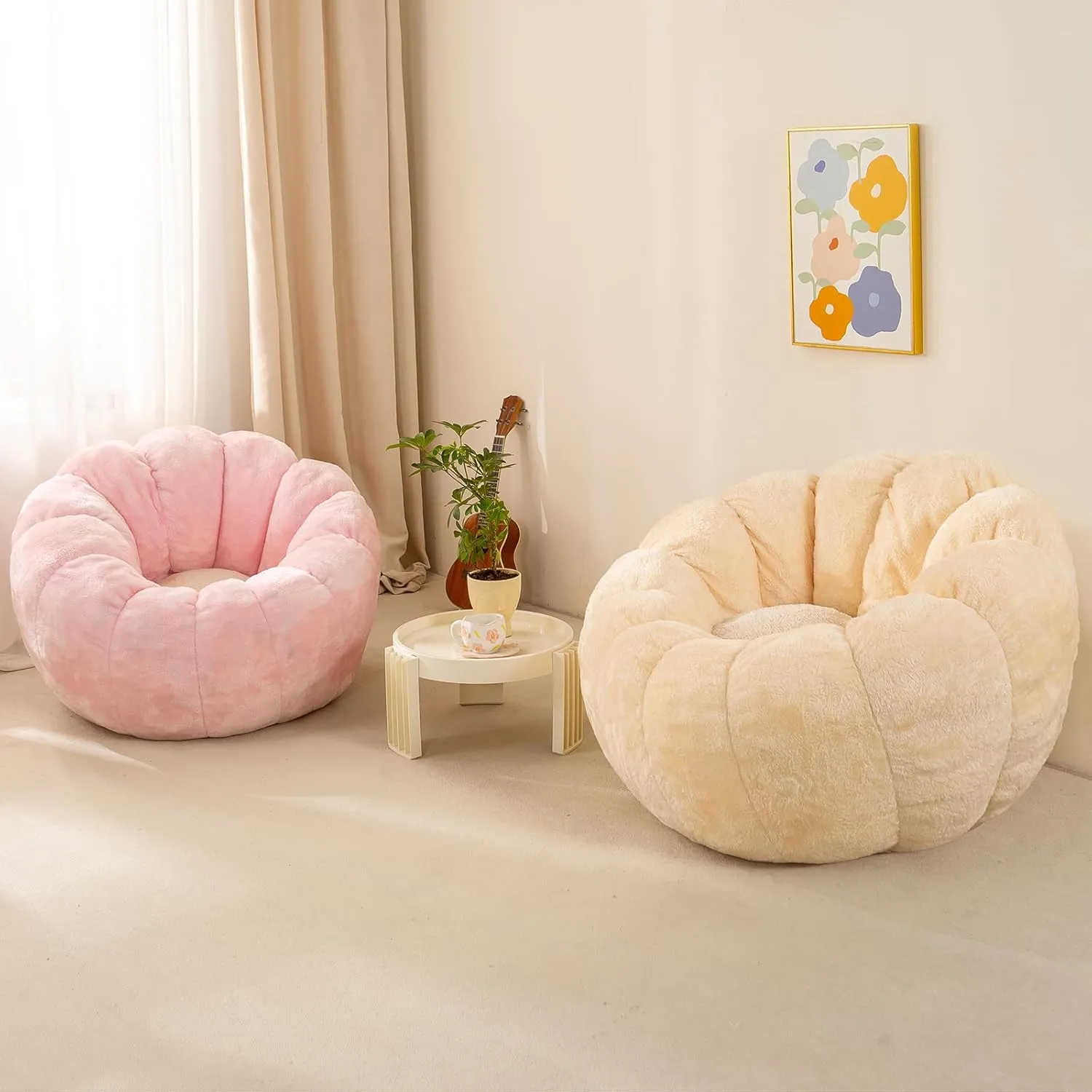 Pumpkin Bean Bag Sofa Chair for Adult, Beanbag Couch with Filler for Reading and Relaxation, Comfy and Lazy Sofa for Dorm, Apartment, Living Room and Bedroom, Ivory