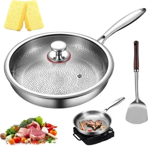 Pure Titanium Hammered Pan Pro with Lid, 10.23/11.02/11.81 Inch Siraat Pure Titanium Pan Hammered Pattern, Non Stick Frying Pans for Cooking, Scratch-Resistant, Even Heating (10.23inch with Lid)