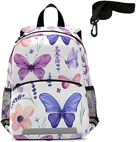 QUGRL Lavender Flowers Butterflies Toddler Backpack Kids Purple Floral Watercolor Kindergarten Schoolbag Preschool Nursery Travel Bag with Safety Leash Harness for Baby Boys Girls 3-8 Years