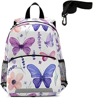 QUGRL Lavender Flowers Butterflies Toddler Backpack Kids Purple Floral Watercolor Kindergarten Schoolbag Preschool Nursery Travel Bag with Safety Leash Harness for Baby Boys Girls 3-8 Years