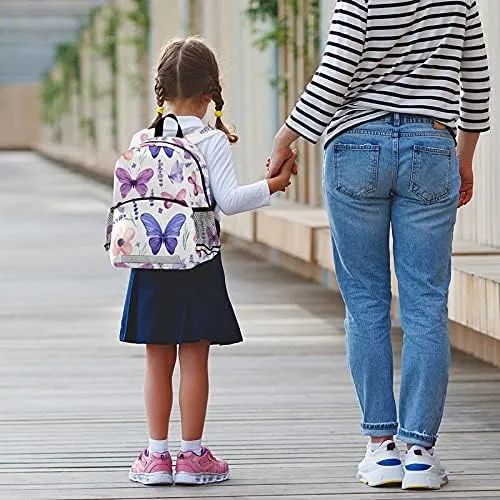 QUGRL Lavender Flowers Butterflies Toddler Backpack Kids Purple Floral Watercolor Kindergarten Schoolbag Preschool Nursery Travel Bag with Safety Leash Harness for Baby Boys Girls 3-8 Years