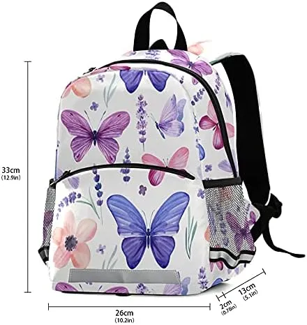 QUGRL Lavender Flowers Butterflies Toddler Backpack Kids Purple Floral Watercolor Kindergarten Schoolbag Preschool Nursery Travel Bag with Safety Leash Harness for Baby Boys Girls 3-8 Years