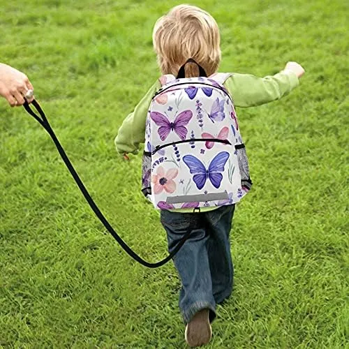 QUGRL Lavender Flowers Butterflies Toddler Backpack Kids Purple Floral Watercolor Kindergarten Schoolbag Preschool Nursery Travel Bag with Safety Leash Harness for Baby Boys Girls 3-8 Years