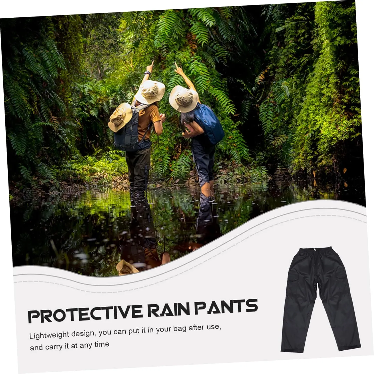 Rain-Proof Pants Waterproof Breathable Double-Layered Lightweight Elastic Waistband Comfortable for Activities Black