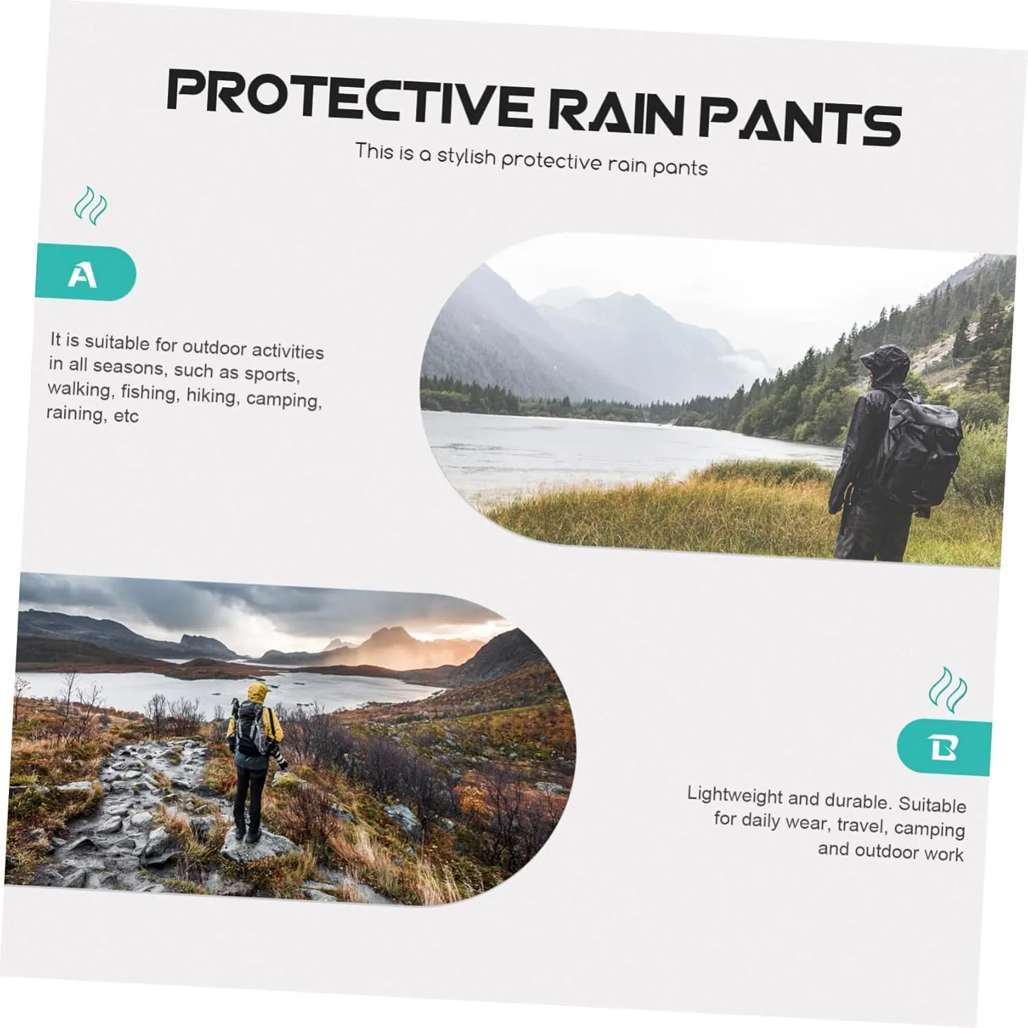 Rain-Proof Pants Waterproof Breathable Double-Layered Lightweight Elastic Waistband Comfortable for Activities Black