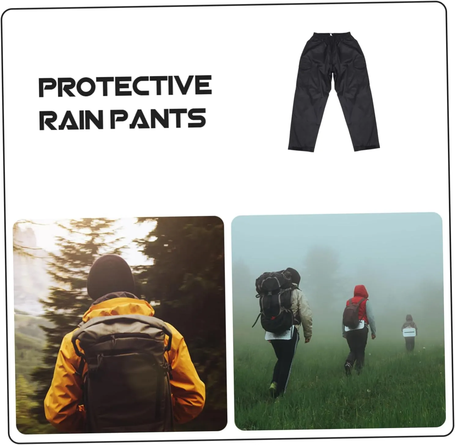 Rain-Proof Pants Waterproof Breathable Double-Layered Lightweight Elastic Waistband Comfortable for Activities Black