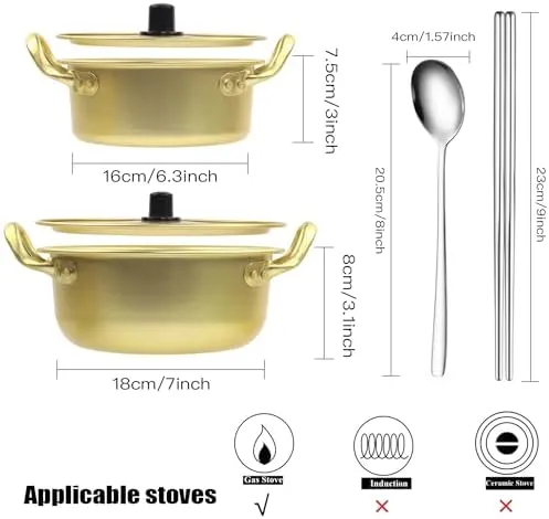 Ramen Pot with Lid,2 Pack Korea Style Noodle Pot, Stovetop Ramen Cooker,Stovetop Safe, Nonstick & Easy Clean Ramyun Pot with Handles Ideal for Soup, Instant Noodles, Stir Fry & Asian Dishes,2 Size