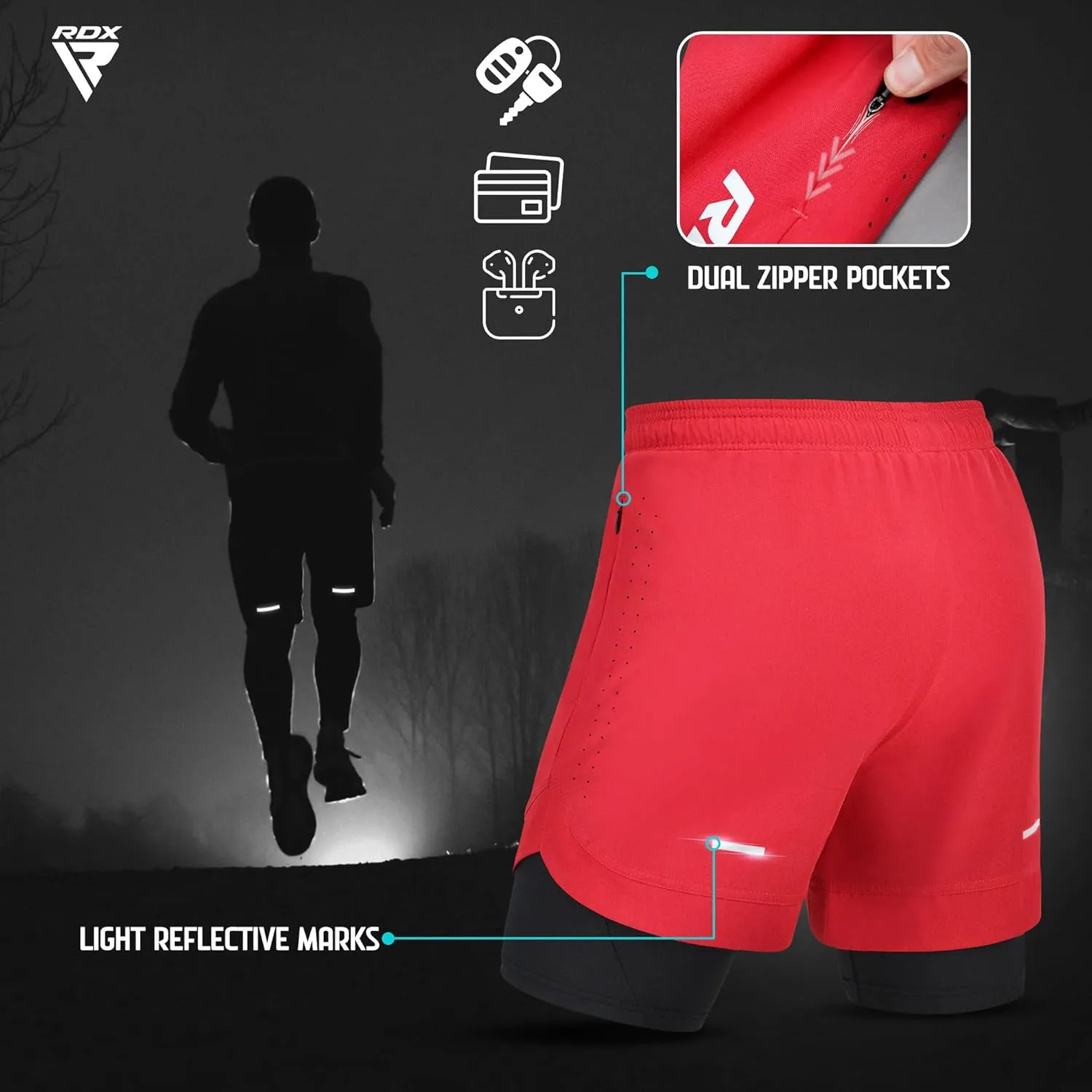 RDX Men’s Running Shorts, 2 in 1 Athletic Breathable Short Compression Liner, 2 Zipper and 2 Phone Pockets, Lightweight