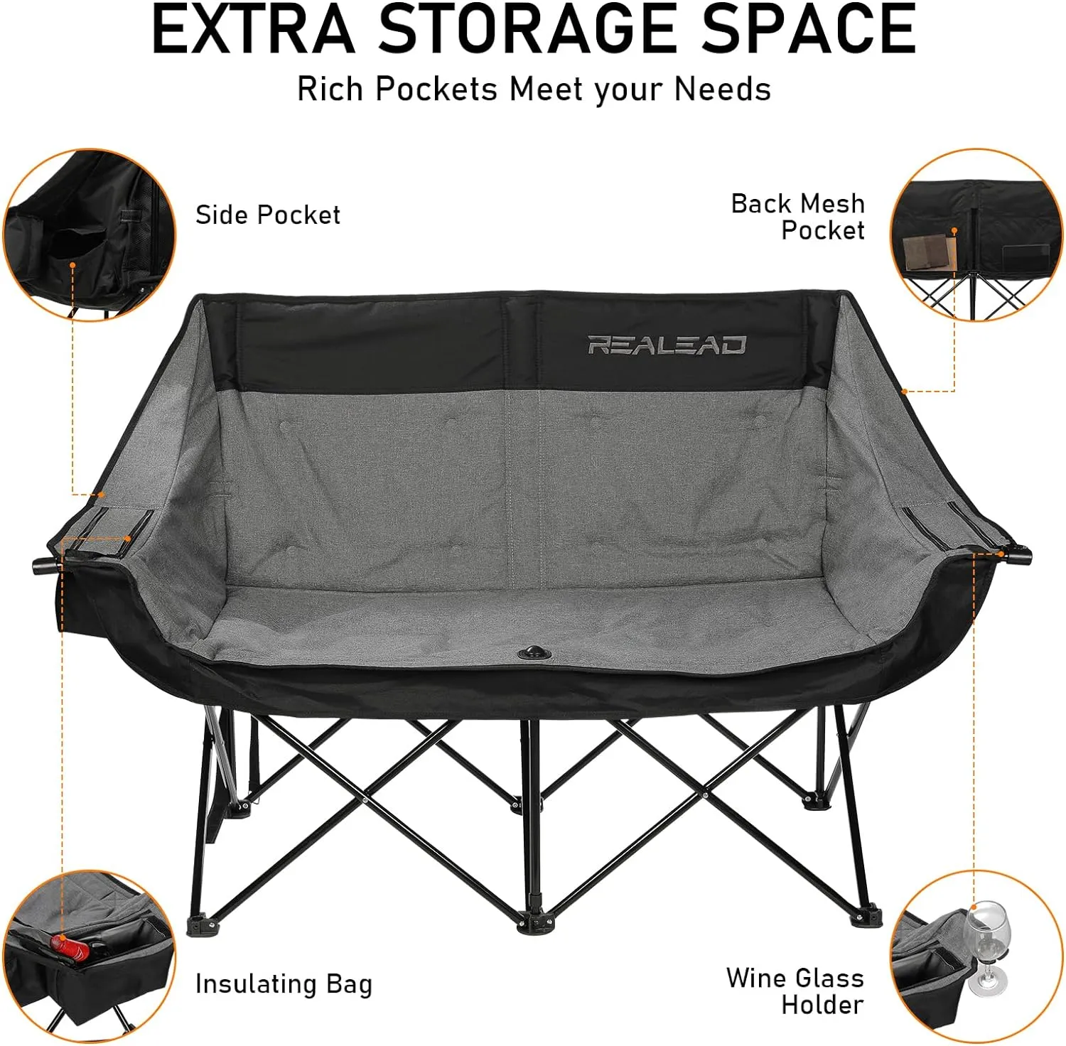 REALEAD Double Camping Chair - Oversized Camping Loveseat for Adults Two Person Support 650 lbs - Heavy Duty Folding Camp Chair with Cooler Bags for Outdoor Sports Beach