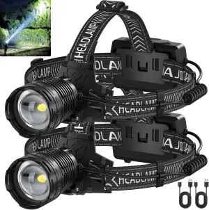 Rechargeable Headlamp, 3000 Lumens LED Head Lamp with 3 Light Modes, USB Rechargeable, 90°Adjustable, Waterproof, Super Bright Headlamps for Adults Camping Running Biking (ΒATTERY Included)
