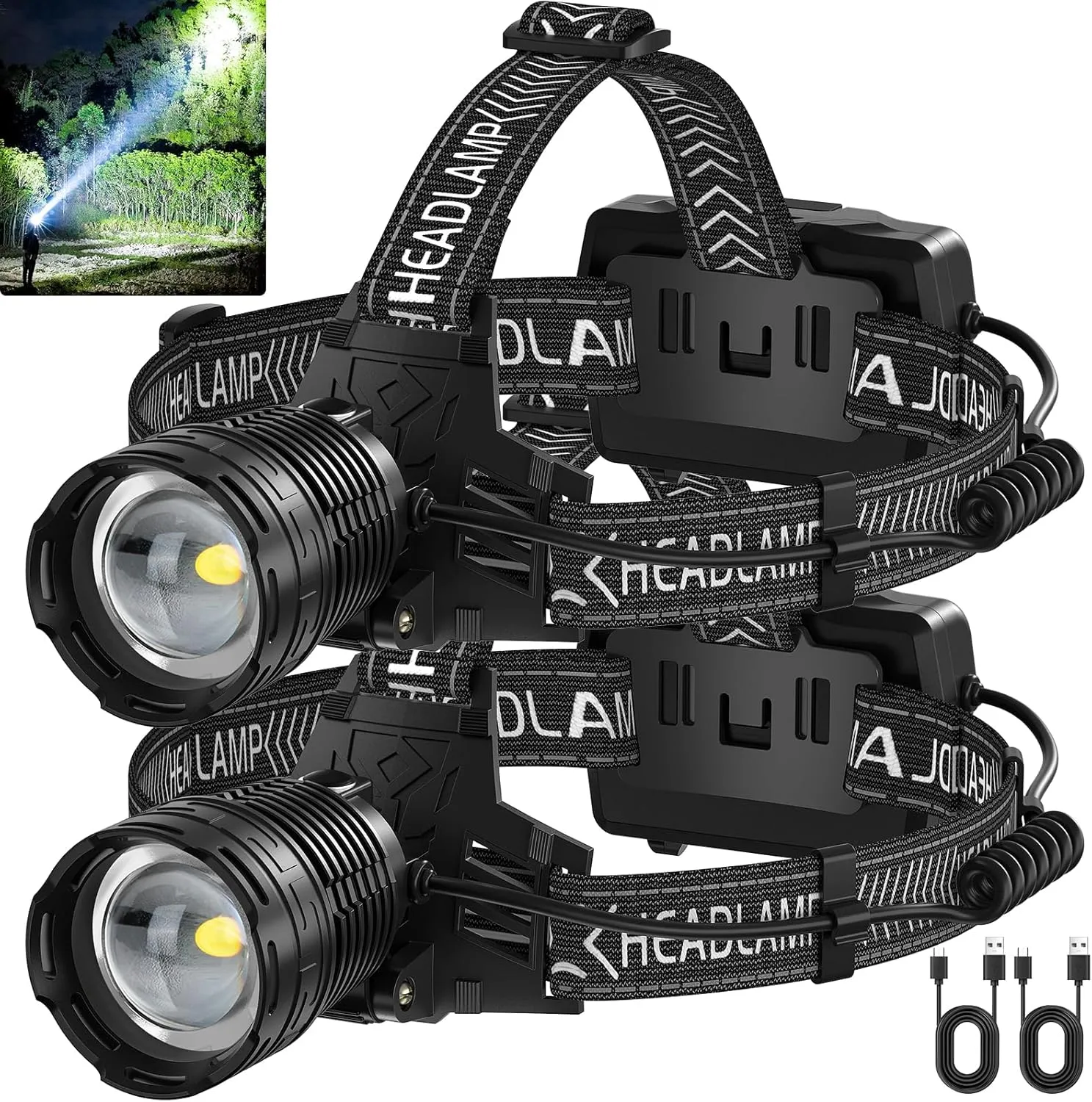 Rechargeable Headlamp, 3000 Lumens LED Head Lamp with 3 Light Modes, USB Rechargeable, 90°Adjustable, Waterproof, Super Bright Headlamps for Adults Camping Running Biking (ΒATTERY Included)