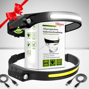 Rechargeable LED Headlamp 2 Pack, 230° Wide Beam Motion Sensor Headlight with Red Light & SOS Mode, IPX5 Waterproof USB-C Fast Charging, 5 Lighting Modes for Camping, Running, Hardhat Safety