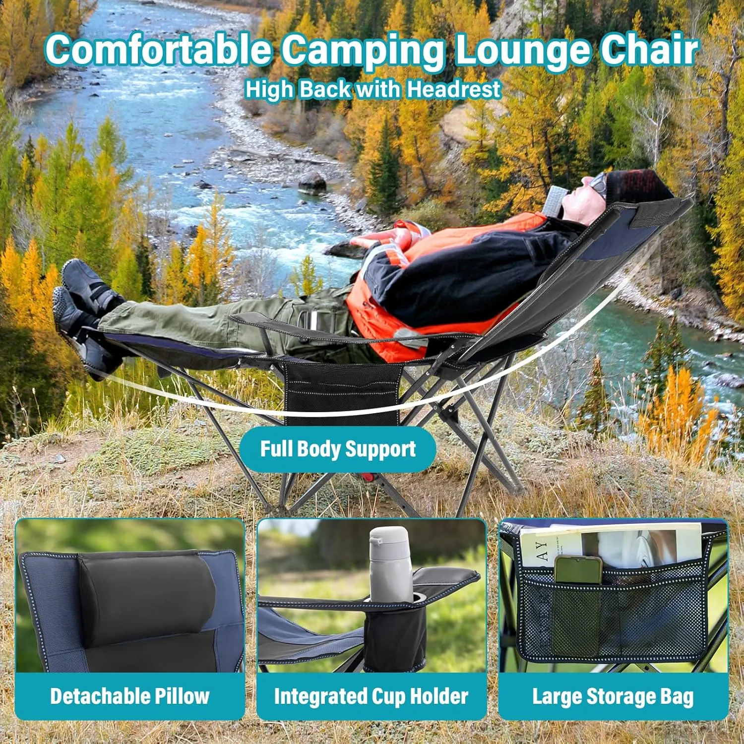 Reclining Camping Chair with Foot Rest, Folding Lounge Chair for Adults,Outdoor Chair Support 300 lbs with Adjustable Backrest &Cup Holder Portable Recliner Beach Chair for Lawn Outside,Navy