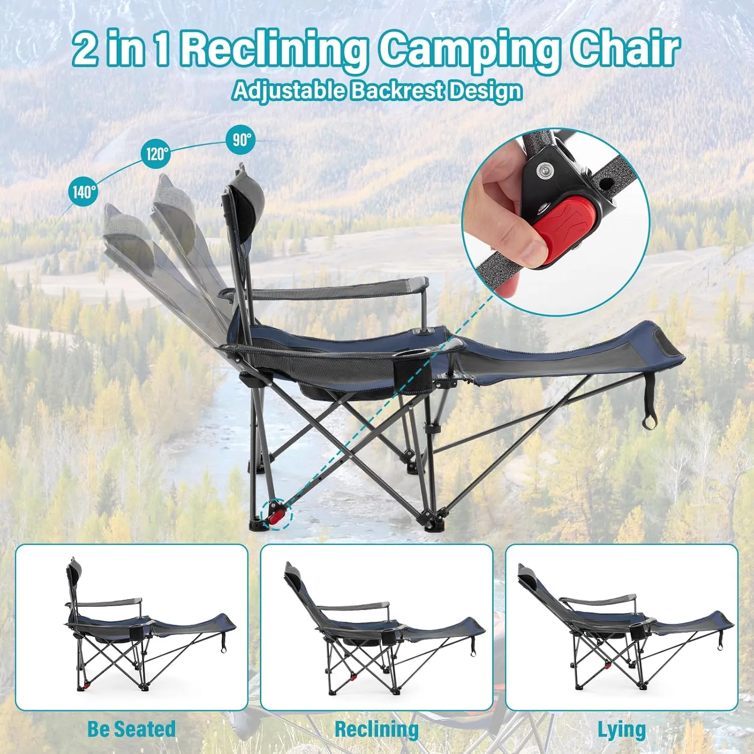 Reclining Camping Chair with Foot Rest, Folding Lounge Chair for Adults,Outdoor Chair Support 300 lbs with Adjustable Backrest &Cup Holder Portable Recliner Beach Chair for Lawn Outside,Navy
