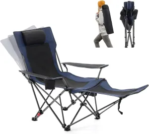 Reclining Camping Chair with Foot Rest, Folding Lounge Chair for Adults,Outdoor Chair Support 300 lbs with Adjustable Backrest &Cup Holder Portable Recliner Beach Chair for Lawn Outside,Navy
