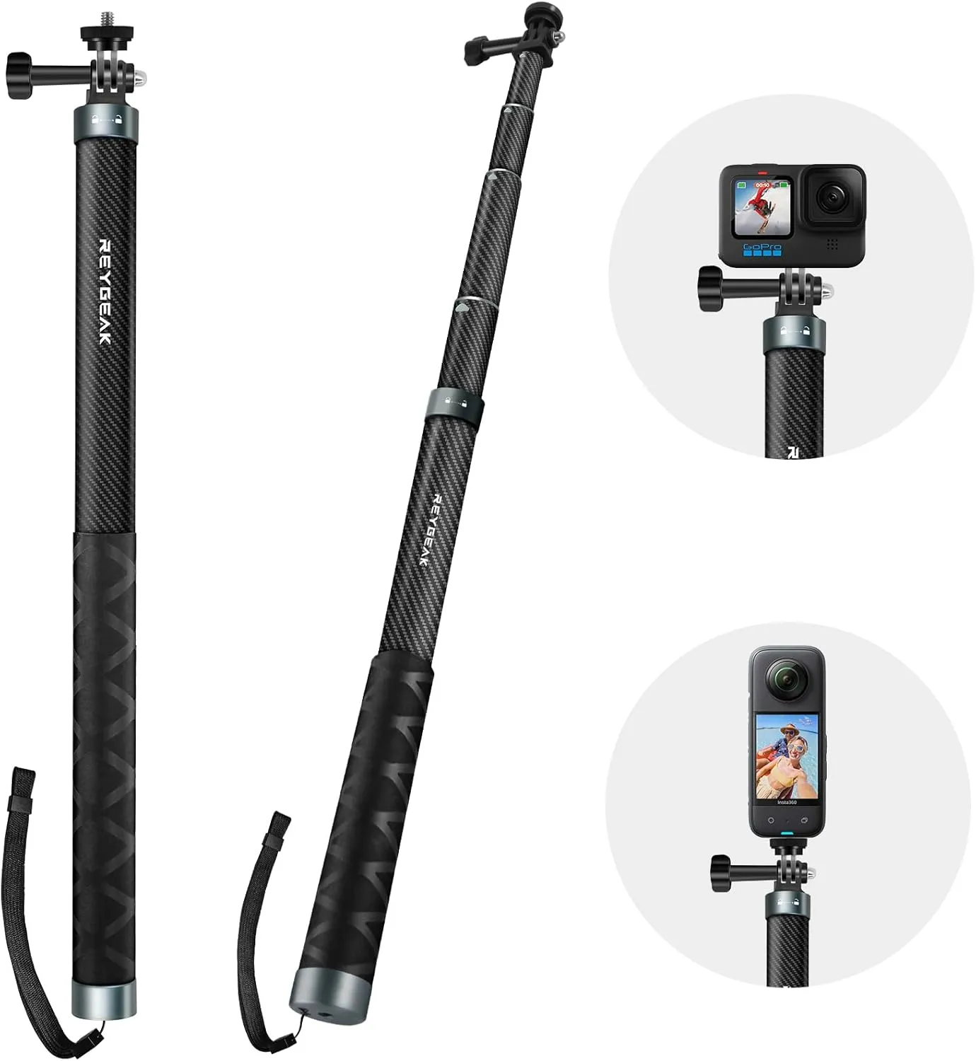 REYGEAK 59 Inch Selfie Stick Long Invisible Pole for GoPro 13 Carbon Fiber Waterproof Extension Monopod for GoPro Hero 13/12/11/10/9 Osmo Pocket 3/ Action 5 Pro/4/3 Accessories.