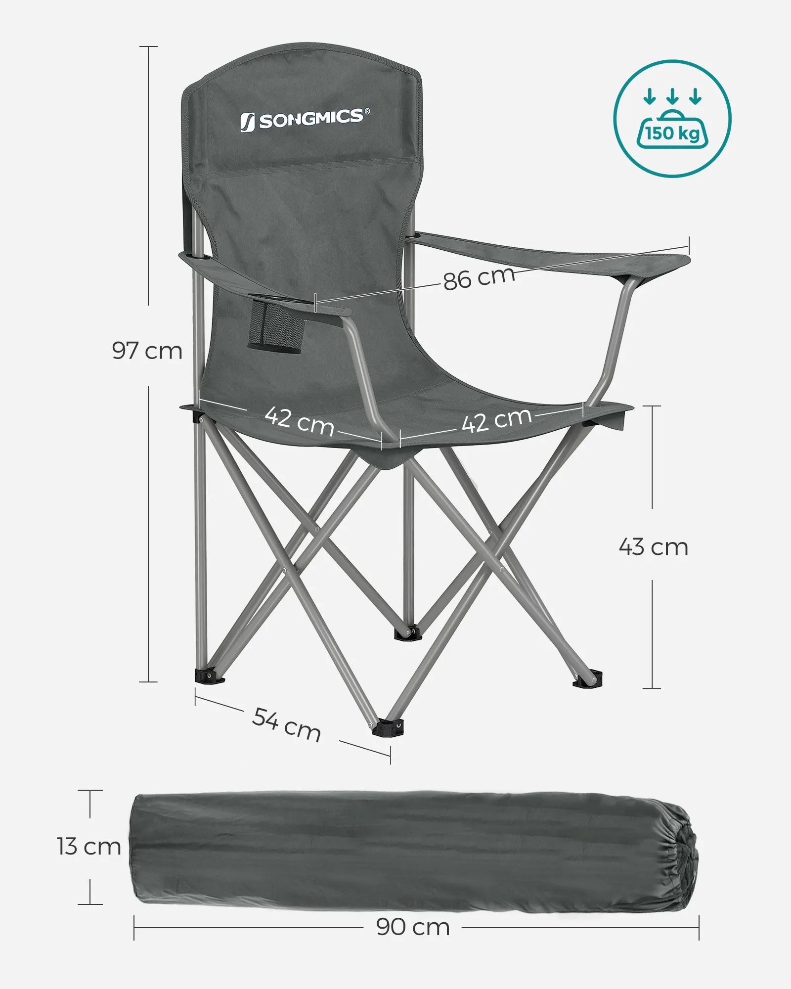 Rootz 2 Pack Slate Gray Camping Chairs - Steel Frame - Oxford Cloth - Portable Folding Chairs - Lightweight - Compact - Comfortable - 54cm x 86cm x 97cm