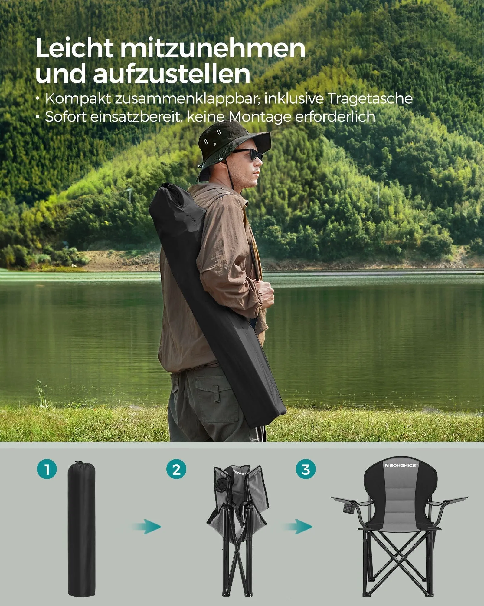 Rootz Gray-Black Camping Chair - Portable Chair - Foldable Seat - 600D Oxford Fabric - Lightweight - Durable - Easy to Carry - 55cm x 90cm x 102cm