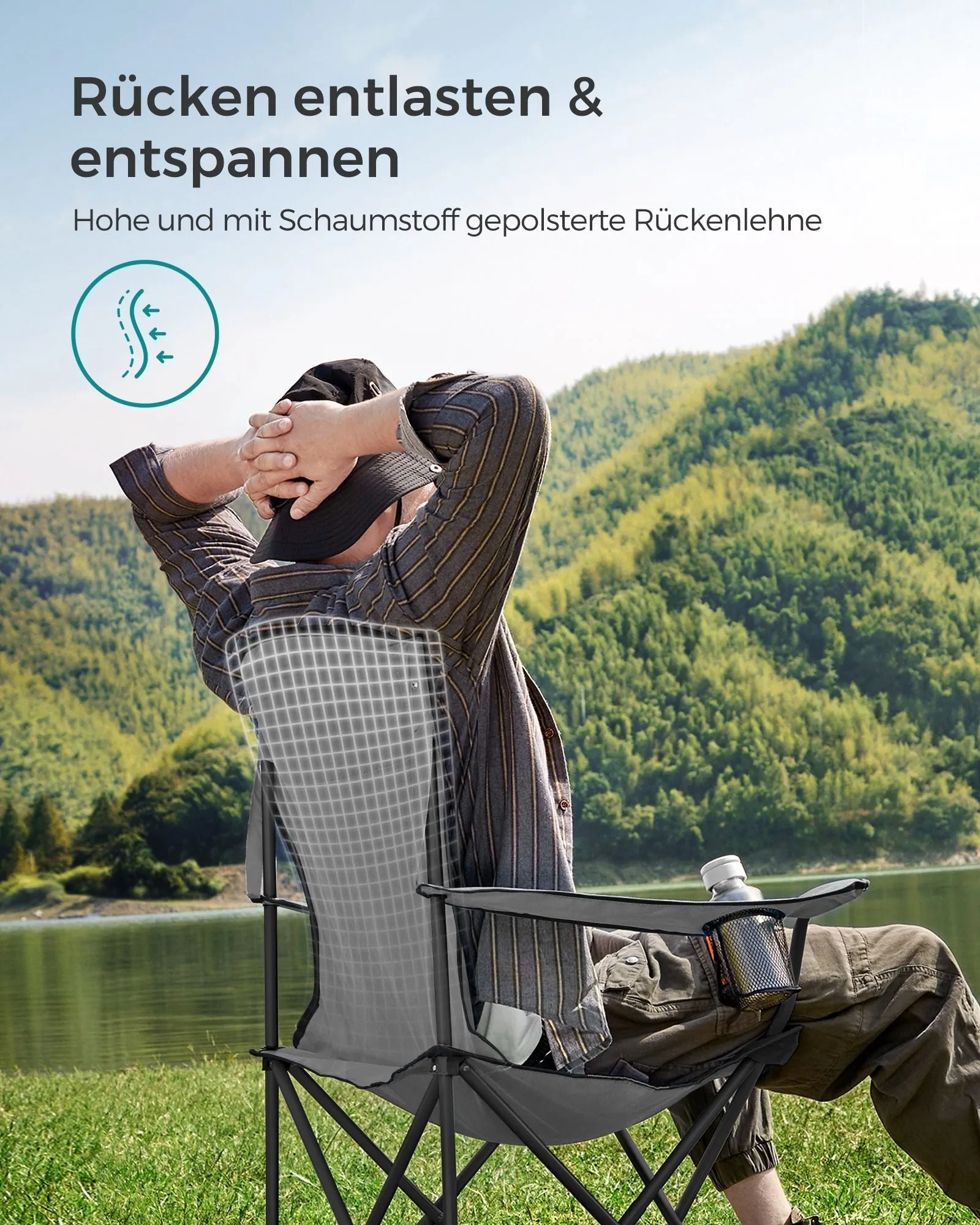 Rootz Gray-Black Camping Chair - Portable Chair - Foldable Seat - 600D Oxford Fabric - Lightweight - Durable - Easy to Carry - 55cm x 90cm x 102cm